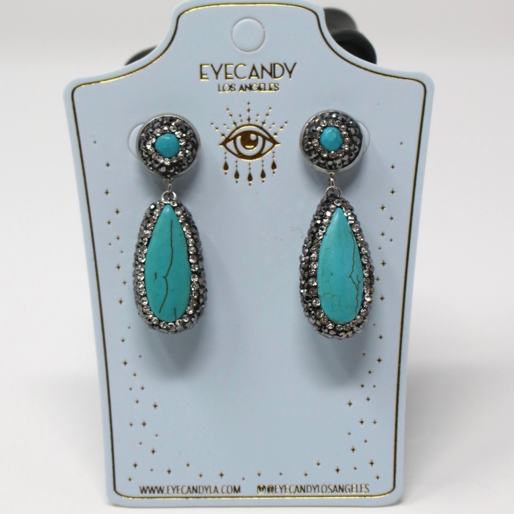 NWT EyeCandy LA‎ Turquoise Hematite and Rhinestone Dangle Earrings